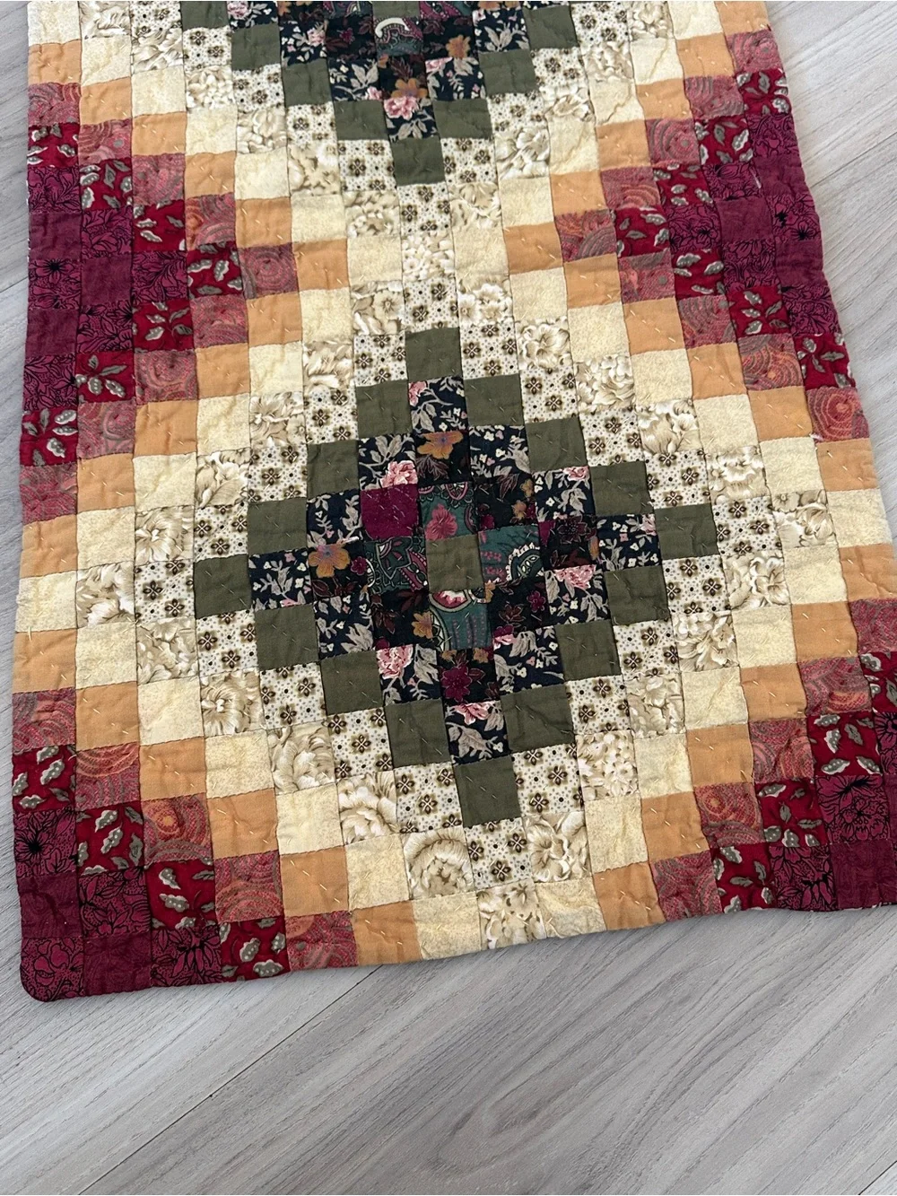 Patchwork Table Runner in Burgundy, Cream & Olive
